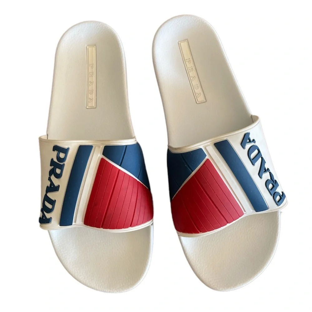 Prada Logo Embossed Poolside Slides Sandals Bianco- Rossi US size 12